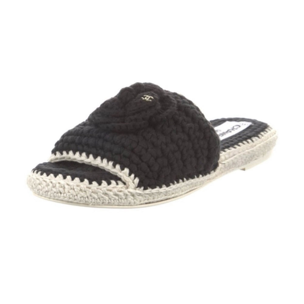 New Chanel Crochet Camellia Slide Slippers Black Beige 37/7 - Picture 5 of 5